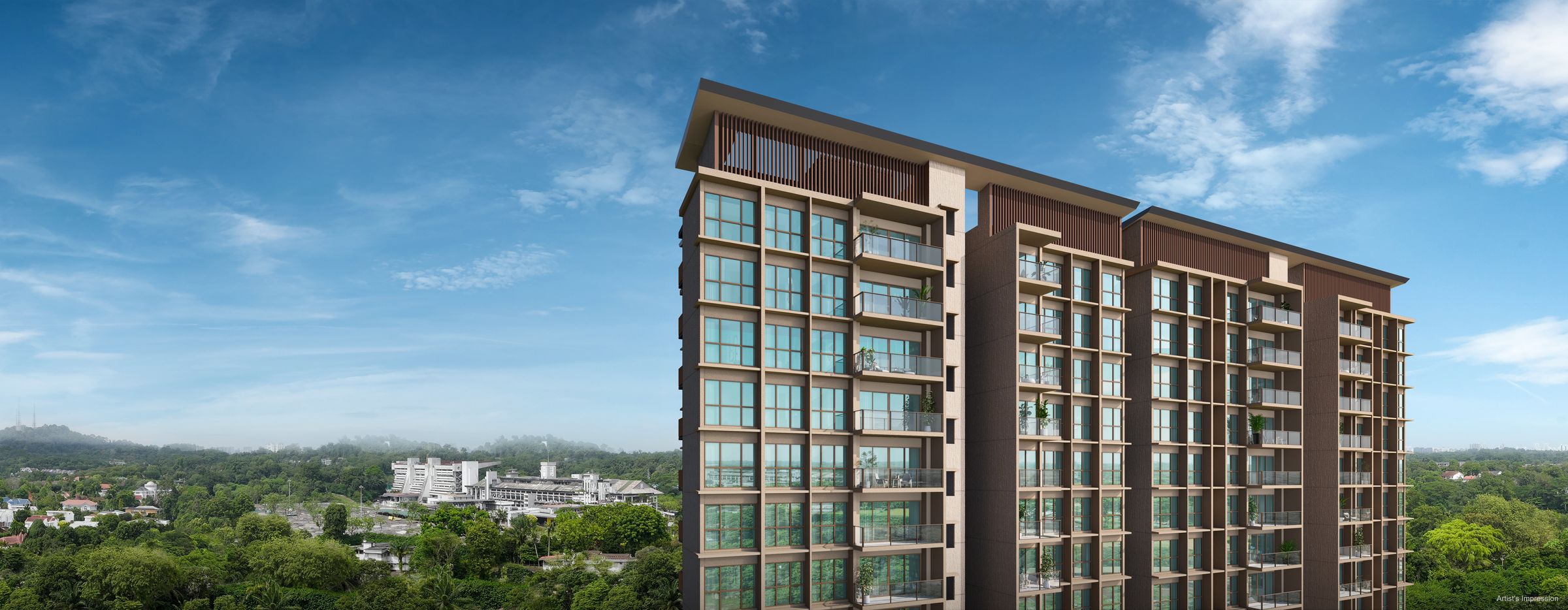 Artist's impression of the Dunearn House tower facade against the Bukit Timah skyline