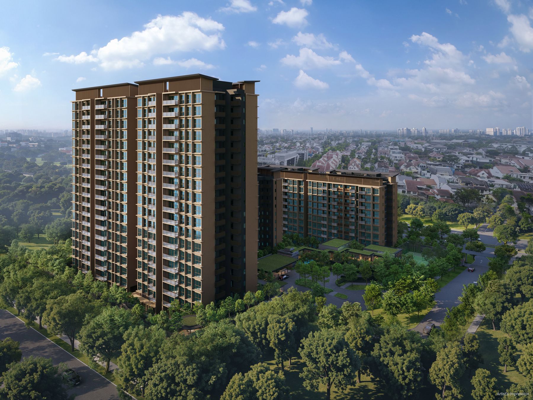 Artist's impression of the towers amid Bukit Timah greenery