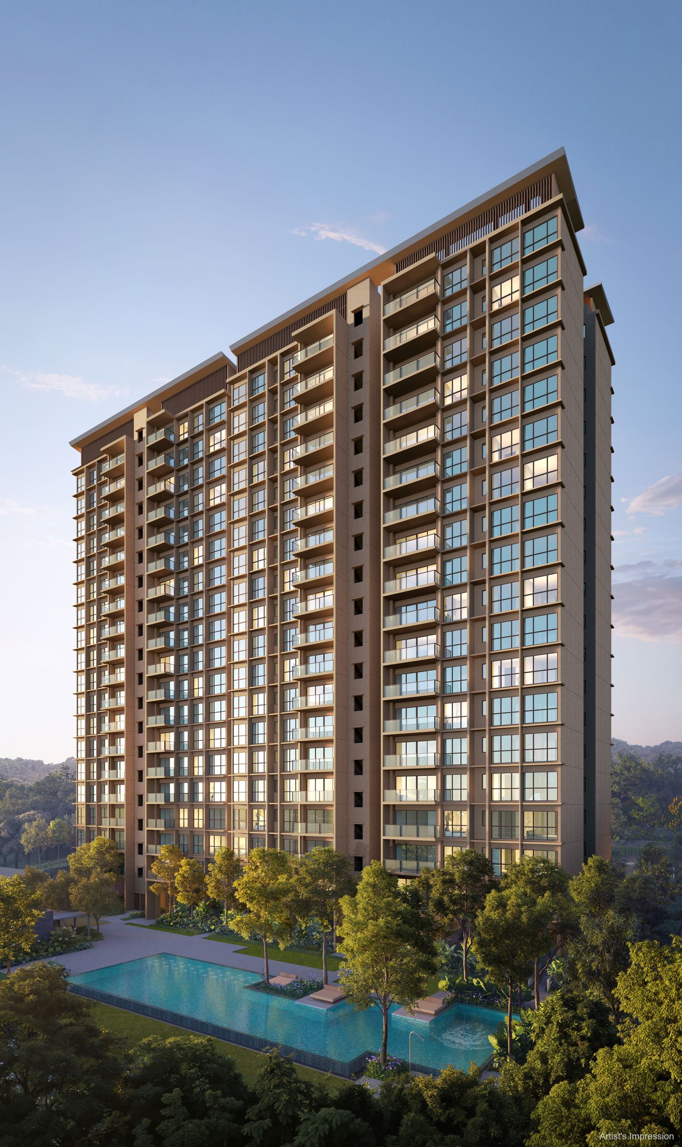 Artist's impression of a Dunearn House tower rising above the lap pool and landscaped grounds