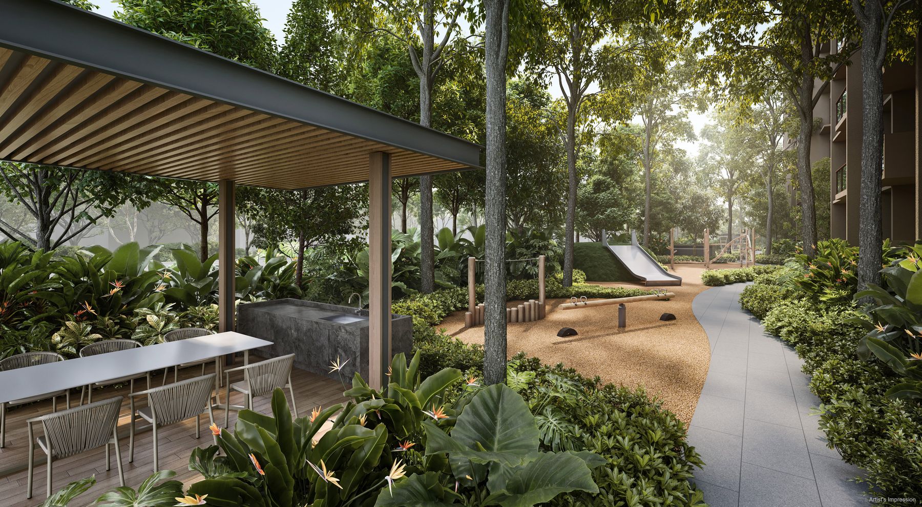 Artist's impression of the forest-inspired trail and pavilion within the grounds